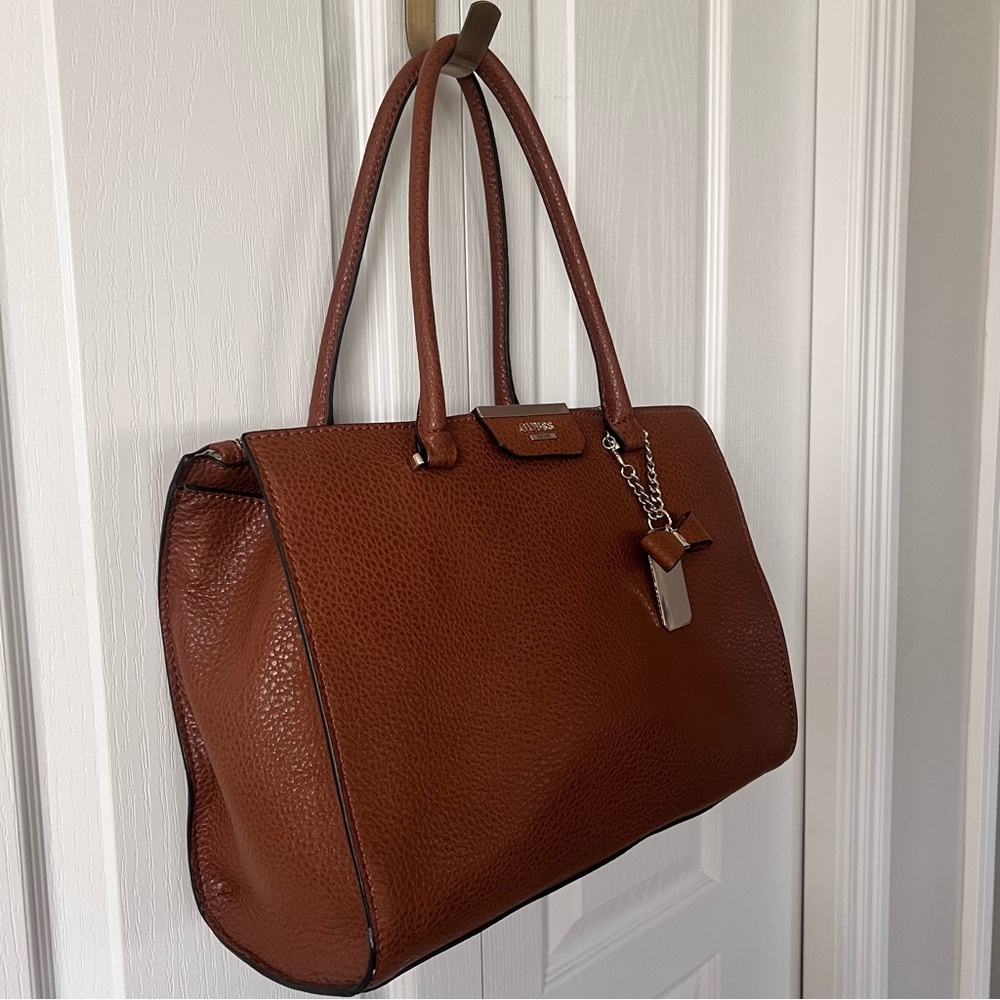 Guess Faux Leather Tan Rich Cognac Brown Structured Satchel Tote Bag - Picture 4 of 16